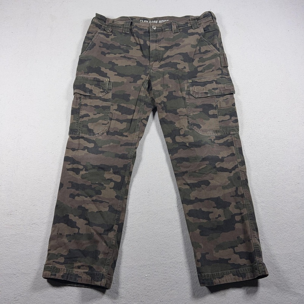 Duluth Trading Flex Fire Hose Pants Men 40x30 Slim Fit Green Camo Cargo Workwear